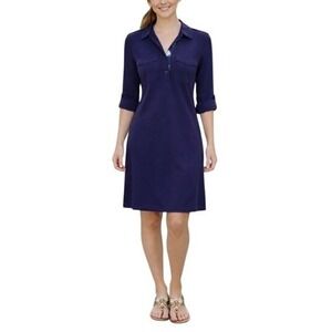 Draper James Navy Blue Long Sleeve Floral Placket Stretch Jersey Shirt Dress XS